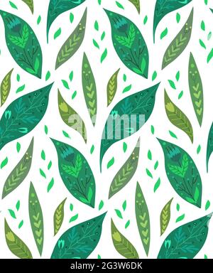 Seamless pattern with petals and folk decoration. Texture with green leaves with tribal ornament and silhouette on white background. Simple vector wal Stock Vector
