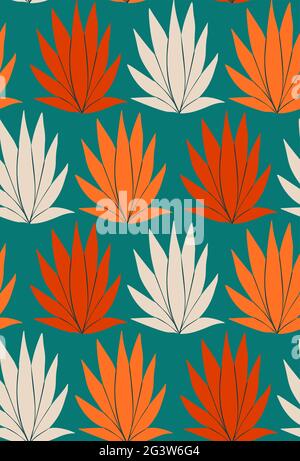 Seamless retro tropical pattern on turquoise background. Vector vintage texture of silhouette of palm leaves and plants. Wallpaper with contrast jungl Stock Vector