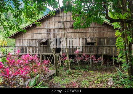 Traditional Iban longhouse in the Sarawak Cultural Village on Borneo Stock Photo