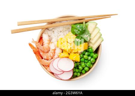 Poke bowl with shrimps, avocado and mango. Isolated on white background. Traditional hawaiian meal. Top view flat lay Stock Photo