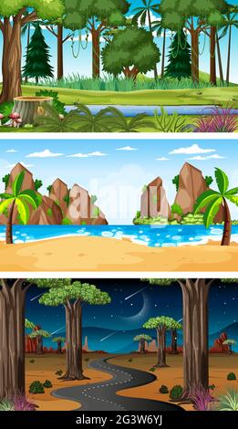 Set of different nature horizontal scenes illustration Stock Vector