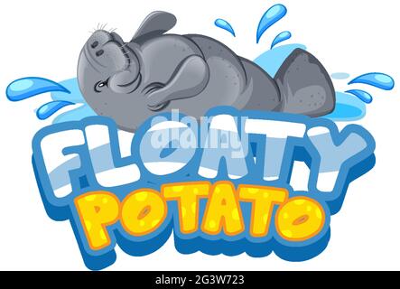 Manatee cartoon character with Floaty Potato font banner isolated illustration Stock Vector