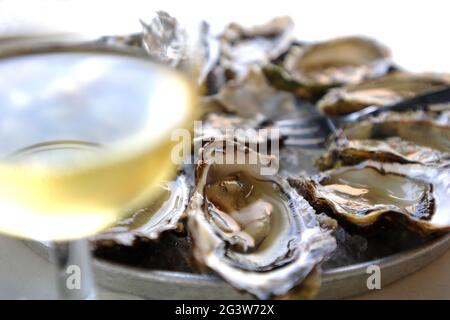 GIRONDE (33). ARCACHON BAY. CAP FERRET. OYSTER PLATE IN A RESTAURANT OF THE VILLAGE OF L'HERBE. Stock Photo