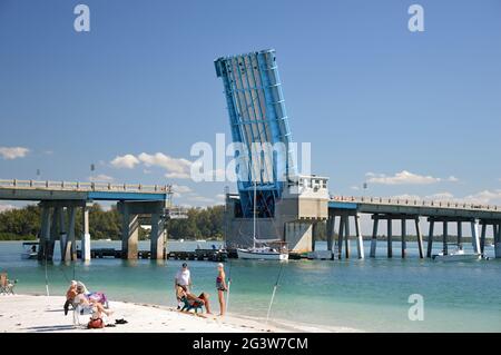 Beach and Bridge on Anna Maria Island at the Gulf of Mexico, Florida Stock Photo