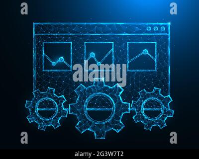 SEO or search engine optimization low poly art. Web page tab, gears and analytics polygonal vector illustration on a blue backgr Stock Photo