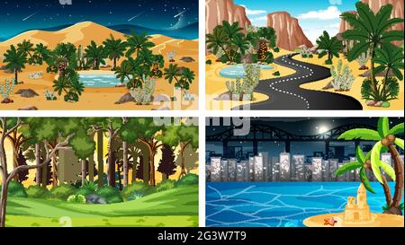 Four different nature horizontal scenes illustration Stock Vector