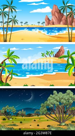 Three different nature horizontal scenes illustration Stock Vector