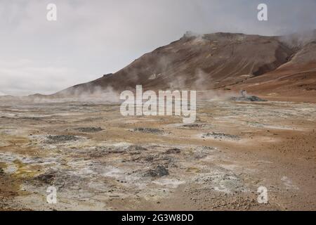 NÃ¡maskarÃ°. Fumarole field in Namafjall, Iceland. Namaskard geothermal beauty landscape with mud pool Stock Photo