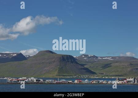 Beautiful view and landscape of icelandic fjord that is surrounding village of Isafjordur in Iceland Stock Photo