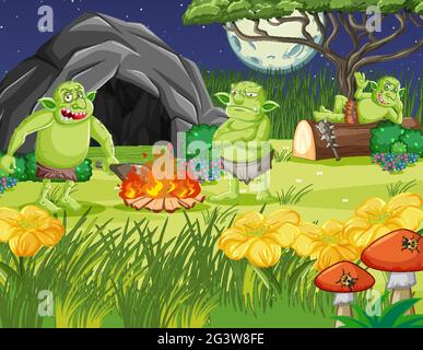 Night scene with goblin or troll cartoon character illustration Stock Vector