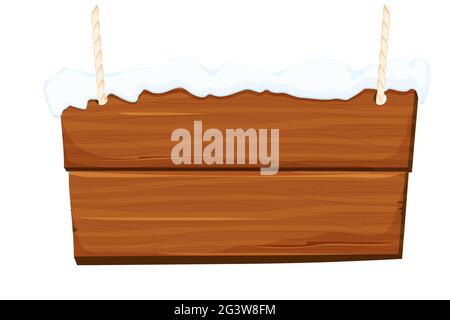 Hanging wooden signpost with rope and snow, textured frame in cartoon style isolated on white background. Ui asset, design element. Rural chain, old t Stock Vector