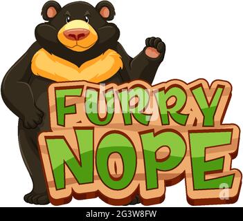 Black bear cartoon character with Furry Nope font banner isolated illustration Stock Vector