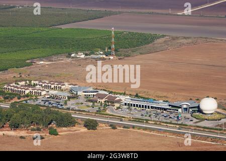 Galilion Hotel and Agamon market shopping centre in the Hula Valley, upper Galilee region of northern Israel. View from above Stock Photo