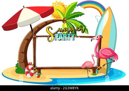 Empty banner board with flamingo on the beach isolated illustration Stock Vector