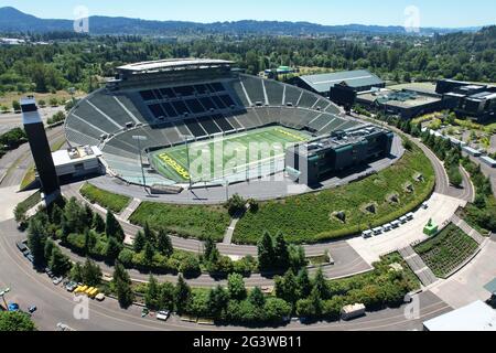 Eugene, United States. 17th June, 2021. An aerial view of PK Park on the  campus of University of Oregon, Thursday, June 17, 2021, in Eugene, Ore.  The stadium is the home of