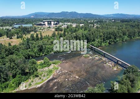 An aerial view of PK Park on the campus of University of Oregon, Thursday,  June 17, 2021, in Eugene, Ore. The stadium is the home of the Oregon Ducks  baseball team. (Photo