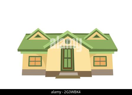 The house is cartoon. Cozy simple rural dwelling in a traditional European style. Cute yellow home. Isolated on white background. Vector Stock Vector