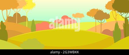 Silhouette autumn landscape. Beautiful scenic plant. Cartoon style. Hills with grass and trees. Cool romantic pretty. Flat design background Stock Vector