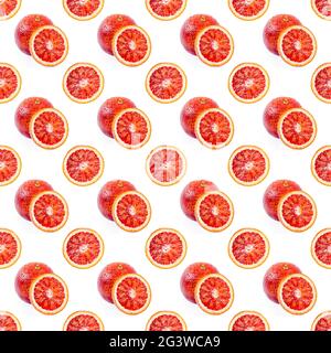 Seamless pattern from bloody oranges whole, sliced and cut in half isolated on white background. Red sicilian orange fruit as package design element. Stock Photo