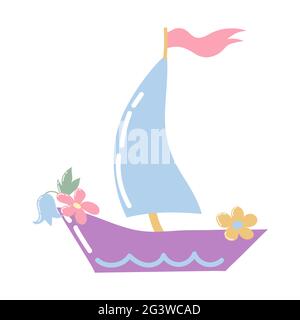 Cartoon boat with a sail, flag and flowers. Pastel colors. Isolated on a white background. Sailboat close-up.Adventure tourism. Symbol, logo Stock Vector