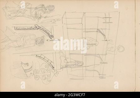 Architecture studies, figures and ornaments. Leaf 8 Verso from a sketchbook with 25 sheets. Stock Photo