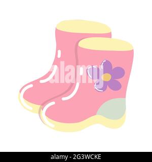 Pink children's rubber boots with a yellow sole and a purple flower on the side. Pair of boots in cartoon style isolated on white background. Children Stock Vector