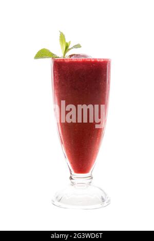 Red cocktail, smoothie, juice in a transparent glass with water droplets. Isolated on a white background. Cocktail decoration: m Stock Photo