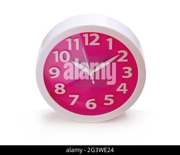 Photo round red-pink clock, on white background, isolated Stock Photo