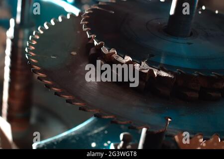 Sharp circular saw blades close up. Dangerous machine to cut up from horror films.