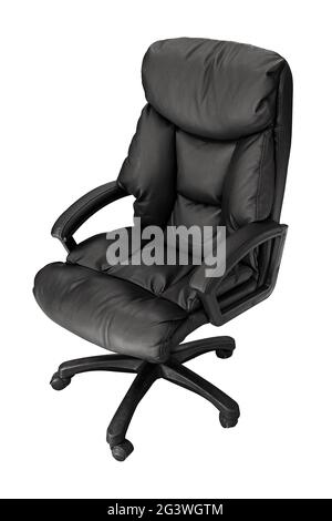 The black leather chair of an office clerk or executive stands isolated on a white background. Stock Photo