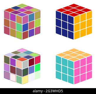 Rubik cube on white background. Mechanical puzzle toy. Stock Vector