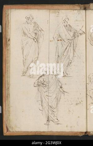 Three standing men in gown. The men make different movements with the poor. Leaf 10 Verso from a sketchbook with 33 sheets. Stock Photo