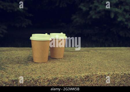 Two cups of coffee to take away in park on marble bench against background of green spruce at night Stock Photo