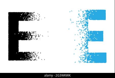 Capital letter E in dispersion effect as graphic design element black and blue color Stock Vector