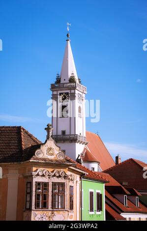 Bell tower of the church at City of Rust in Burgenland Stock Photo