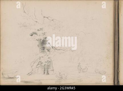 Hikers on a path at a forest edge. Leaf 23 Verso from a sketchbook with 27 loose sheets. Stock Photo