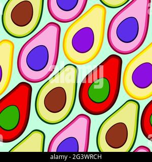 Seamless pop-art vector pattern with avocado halves for print, organic, vegan. Proper nutrition, food, healthy breakfast, eco and fresh fruits and veg Stock Vector