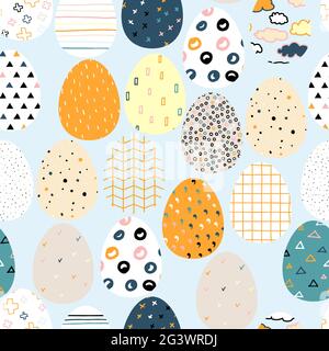 Seamless vector Happy Easter pattern. Easter eggs painted with colored Scandinavian ornaments on a blue background. Festive spring Polka dot, stripes, Stock Vector