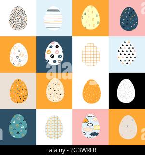 Seamless vector Happy Easter pattern. Easter eggs painted with colored Scandinavian ornaments on a color square background. Festive spring Polka dot, Stock Vector