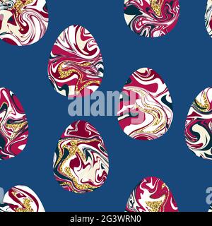 Seamless marble texture eggs pattern. Liquid texture happy easter symbol. Painted in pink, red, blue egg with gold glitter on a classic blue backgroun Stock Vector