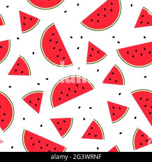 Seamless Watermelon slice pattern. Flat Sweet fresh fruit Isolated on white background. Colorful bright summer food. Red pink cut melon with seeds. Ve Stock Vector