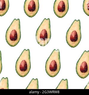 Seamless low poly avocado pattern. Vector polygonal avocado sign isolated on white background. Green healthy fruits, proper nutrition, snacks, vegetab Stock Vector