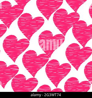 Hearts seamless vector pattern. Pink Doodle hand drawn hearts isolated on white background. Sketch of hatched symbols of love, Valentine's Day, romanc Stock Vector