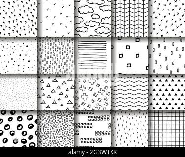 Scandinavian Set of 20 seamless patterns. Twenty black white ornaments in a Scandinavian minimalist style. Hand-drawn geometric backgrounds for prints Stock Vector