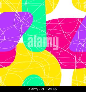 Seamless vector bright pattern. White tangled line art on a background of yellow, pink, blue liquid spots. Colored stock illustration for wallpaper, w Stock Vector
