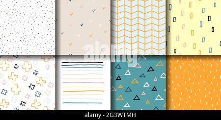 Set of 8 seamless patterns. Eight pastel multicolor ornaments in a Scandinavian minimalist style. Hand-drawn geometric backgrounds for prints, wallpap Stock Vector