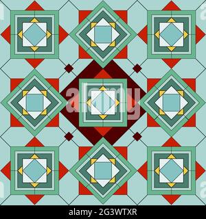 Seamless tile pattern. Blue, white, orange rhombus, squares, stripes. Bright ethnic cells ornament. Repeating geometric tiles. Vector stock illustrati Stock Vector
