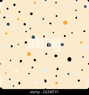 Seamless Scandinavian pattern. Black, gold, pink, blue hand-drawn dots on a pastel background. Neutral cozy ornament. Vector illustrations with circle Stock Vector