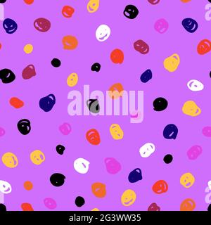 Seamless Scandinavian tangled pattern. Orange, White, Black, Blue, Yellow messy hand-drawn circles on lilac background. Neutral cozy ornament. Vector Stock Vector