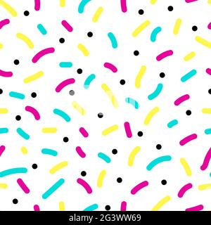 Seamless Pattern Memphis Style. Yellow, pink, blue, black strokes on a white background. Salute, sweets, greetings. Vector holiday illustration for wr Stock Vector